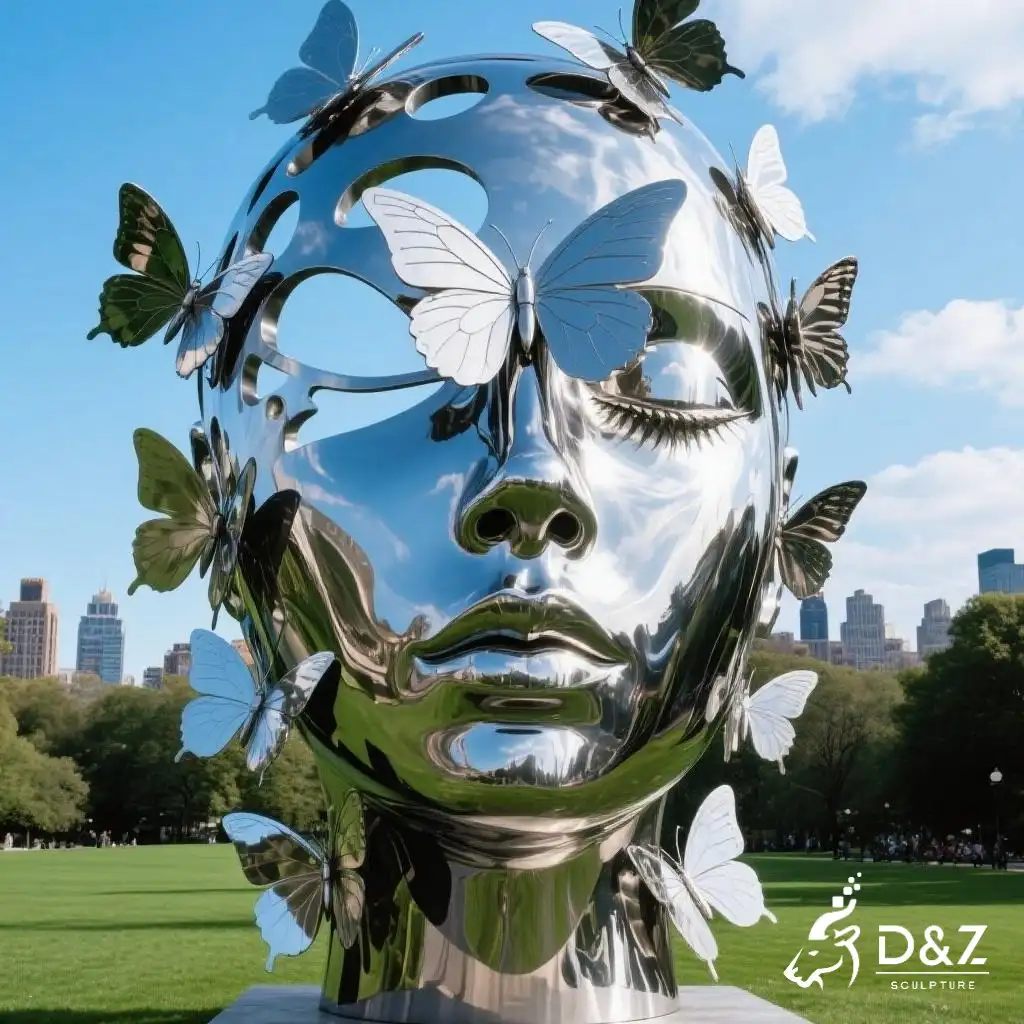 Metal Woman Garden Face Sculpture with Butterfly DZN323 14 Custom Metal Woman Garden Face Sculpture with Butterfly, crafted in stainless steel, mirror polished surface, gardens, villas, museums, plazas, or hotels-6