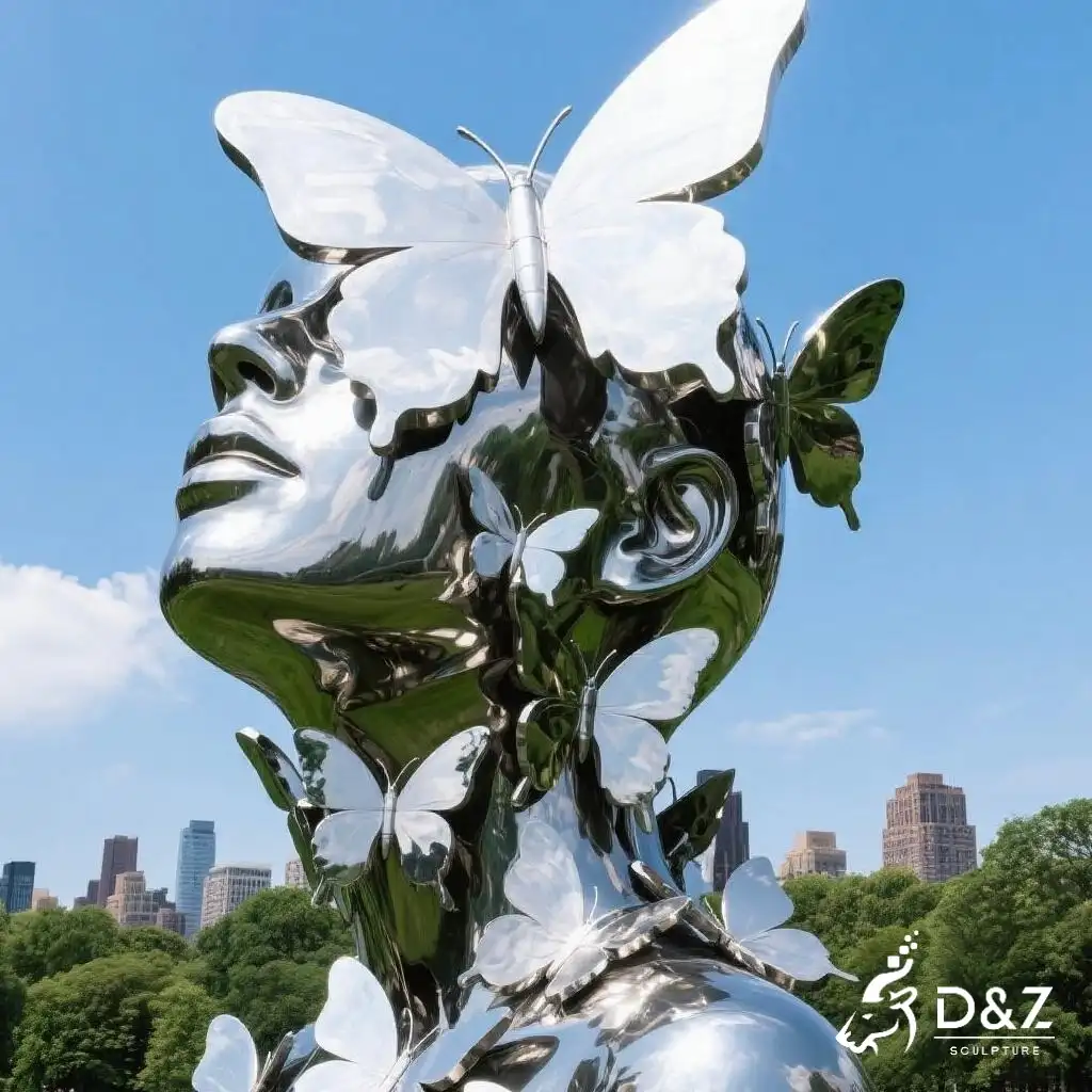 Metal Woman Garden Face Sculpture with Butterfly DZN323 15 Custom Metal Woman Garden Face Sculpture with Butterfly, crafted in stainless steel, mirror polished surface, gardens, villas, museums, plazas, or hotels-7