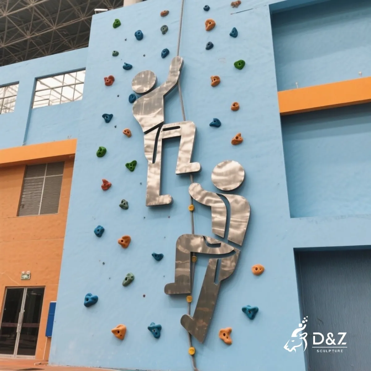 Custom Human Wall Sculpture, Metal Climbing Man Wall Sculpture, crafted in stainless steel, geometric design, mirror polished surface, outdoor and indoor spaces