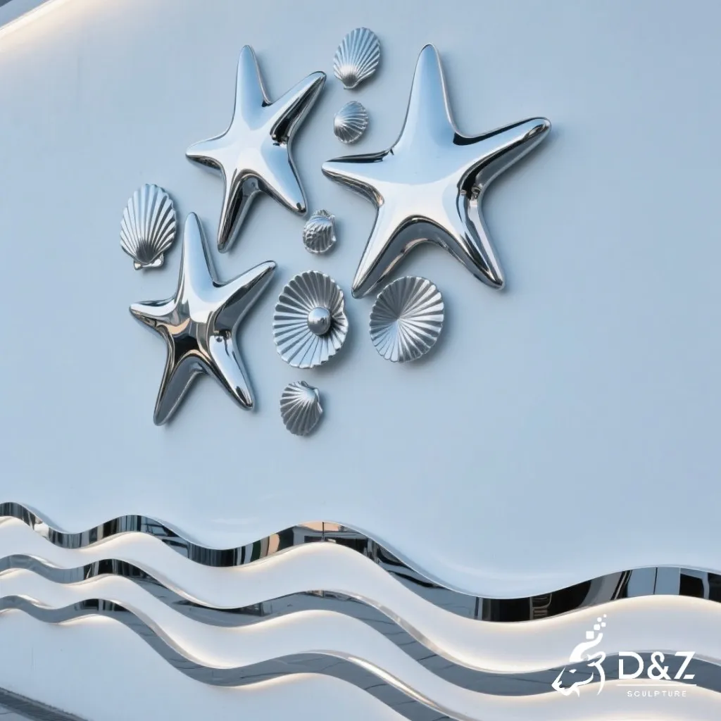 Metal Coastal Wall Sculptures of Starfish and Shell DZN336 11 Custom Metal Coastal Wall Sculptures, crafted in stainless steel, mirror polished surface, aquarium, ocean-themed parks, resorts, mall, marine-2
