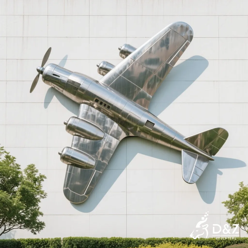 Stainless Steel Airplane Wall Sculpture with Planets DZN337 16 Custom Metal Airplane Wall Sculpture, crafted in stainless steel, mirror polished surface, universities, airports, corporations, and city parks-7