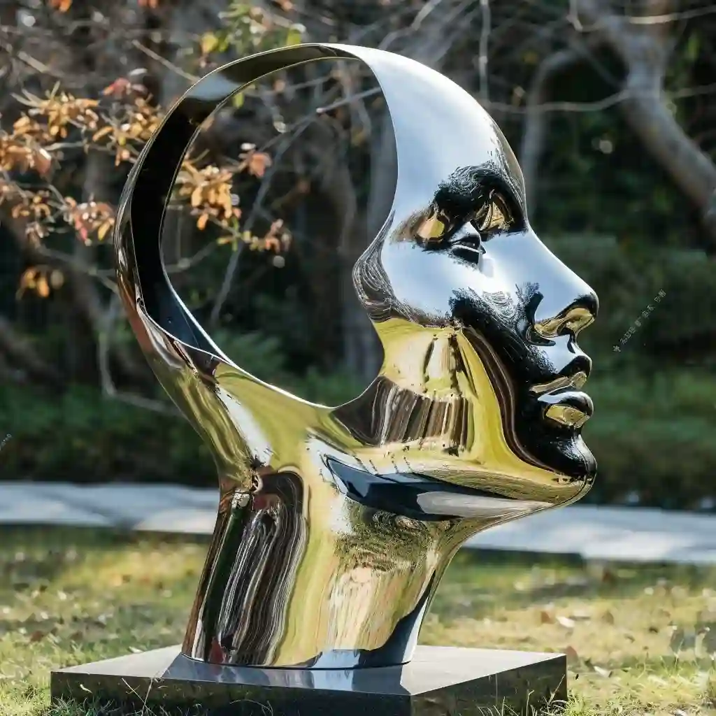Custom abstract face sculpture, crafted in stainless steel, mirror polished surface, gardens, villas, museums, plazas, or hotels-8