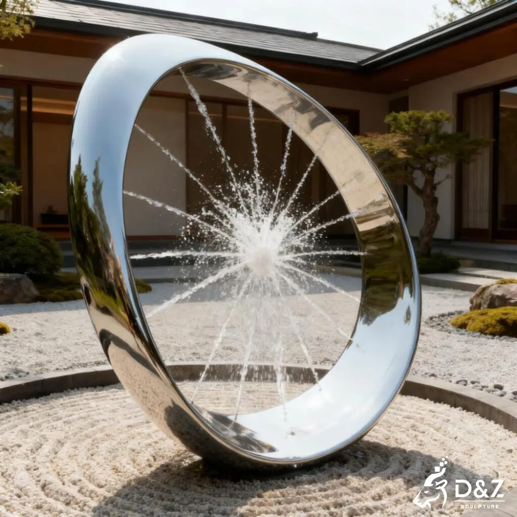 Custom abstract modern metal fountain, crafted in stainless steel, mirror polished surface, outdoor and indoor spaces-3