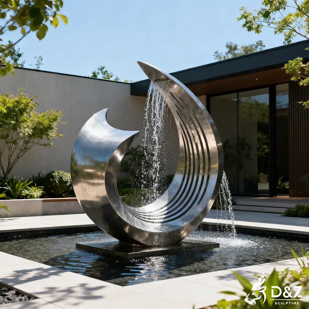 Large Metal Wave Modern House Fountain for Yard & Garden DZN378 Custom metal modern house fountain, crafted in stainless steel, mirror polished or matte surface, outdoor and indoor spaces-1