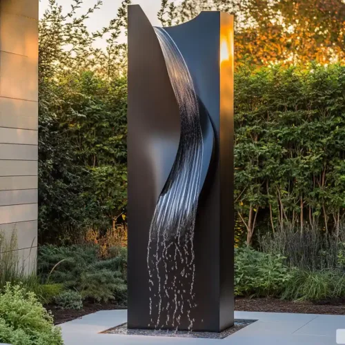 Custom metal modern wall fountain, crafted in stainless steel, mirror polished surface, outdoor and indoor spaces-1