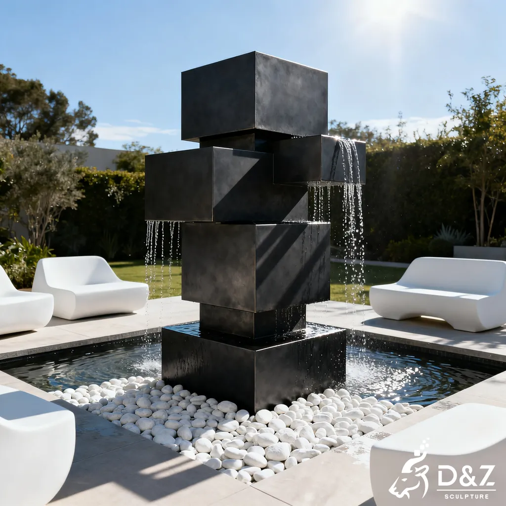 Metal Stacked Cube Geometric Modern Sculpture Fountain DZN397-1