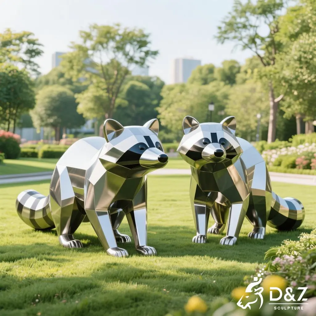 Custom metal raccoon garden statue, crafted in stainless steel, mirror polished surface, geometric and playful, outdoor and indoor spaces-5