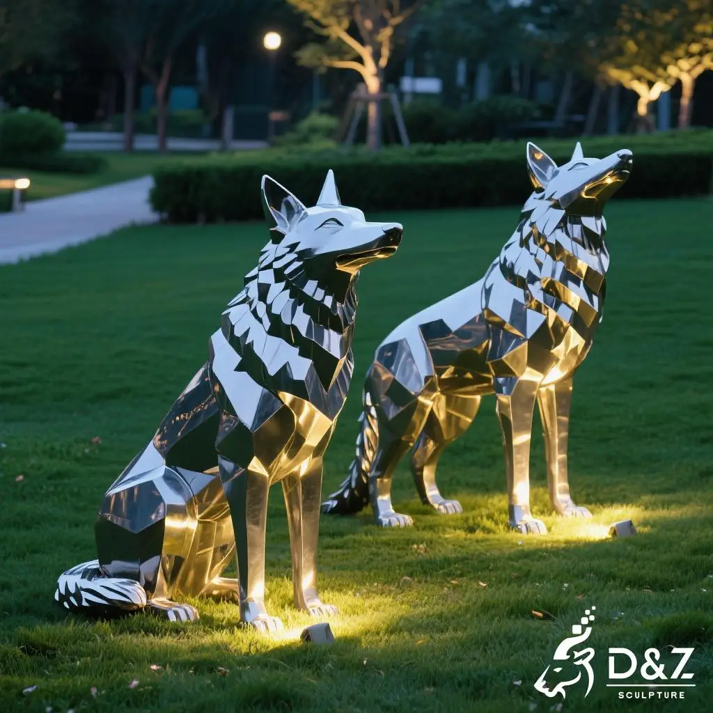 Custom metal wolf garden statue, crafted in stainless steel, mirror polished surface, geometric and playful, outdoor and indoor spaces-2