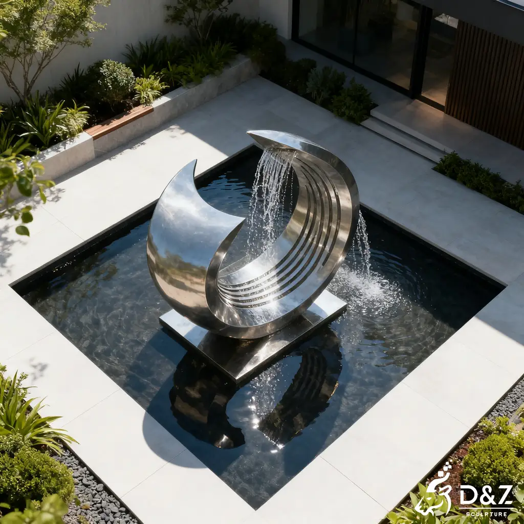 Large Metal Wave Modern House Fountain for Yard & Garden DZN378 Custom metal modern house fountain, crafted in stainless steel, mirror polished or matte surface, outdoor and indoor spaces-2