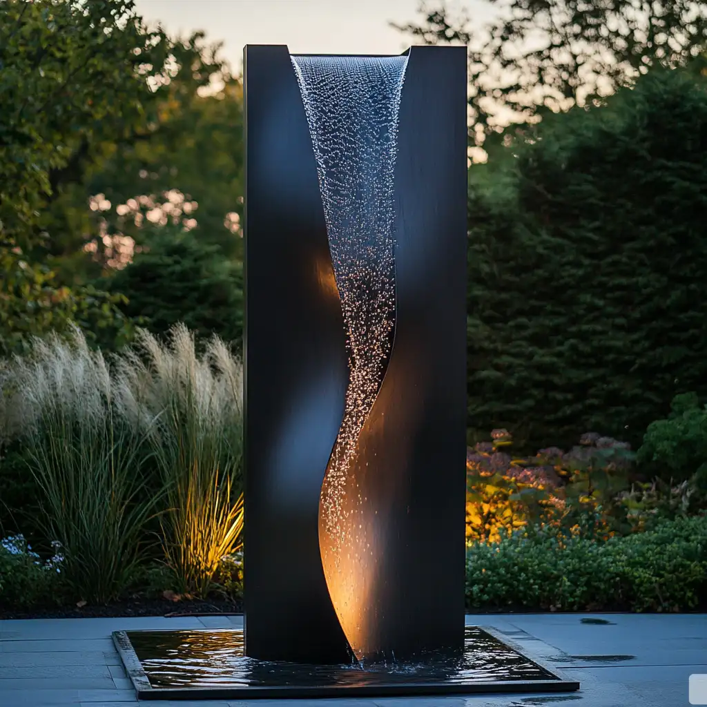 Large Abstract Tall Modern Wall Fountain Water Feature DZN380 Custom metal modern wall fountain, crafted in stainless steel, mirror polished surface, outdoor and indoor spaces-2