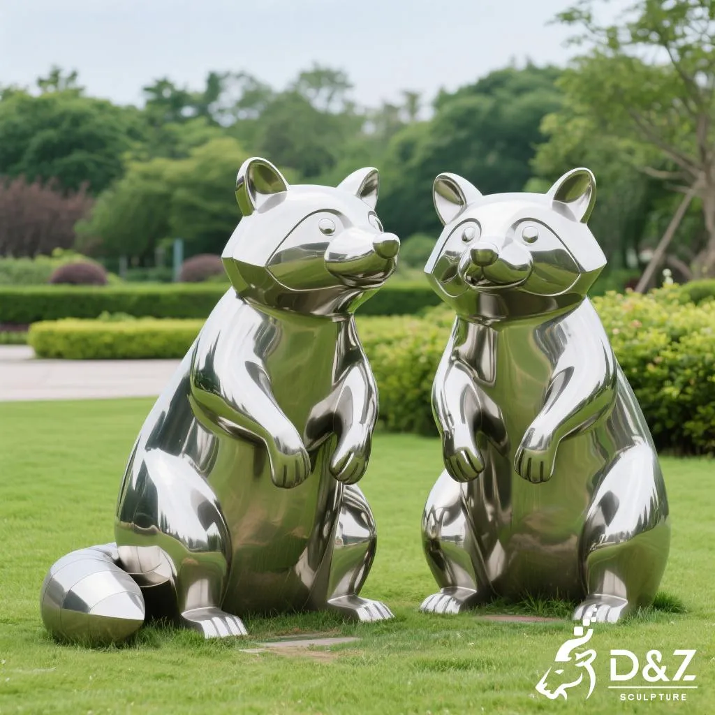 Custom metal raccoon garden statue, crafted in stainless steel, mirror polished surface, geometric and playful, outdoor and indoor spaces-6