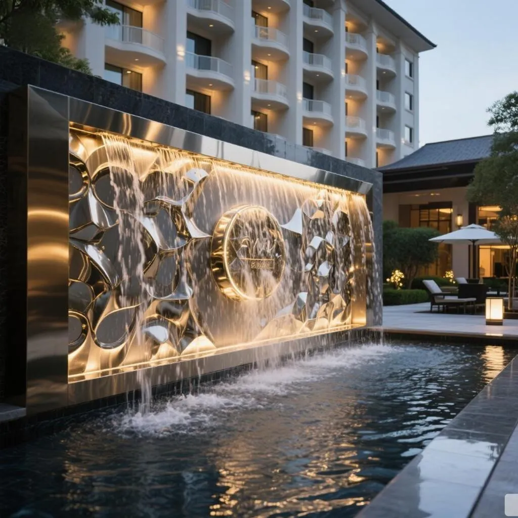 Luxury Metal Modern Wall Water Fountain for Hotel Villa DZN382 Custom metal modern wall water fountain, crafted in stainless steel, mirror polished surface, outdoor and indoor spaces-3