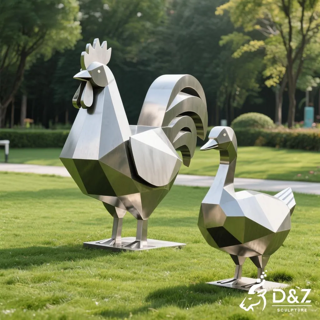 Metal Goose Garden Statue with Chicken and Duck DZN362 Custom metal goose garden statue with chicken garden statue and duck garden statue, crafted in stainless steel, mirror polished surface, geometric and playful, outdoor and indoor spaces-5