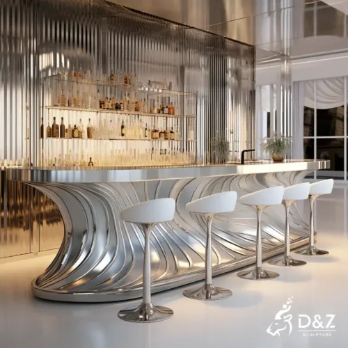 Custom Stainless Steel Bar Counter Table with Stools DZN368 8 Custom stainless steel bar counter table with stools, crafted in stainless steel, mirror polished surface, outdoor and indoor spaces-3