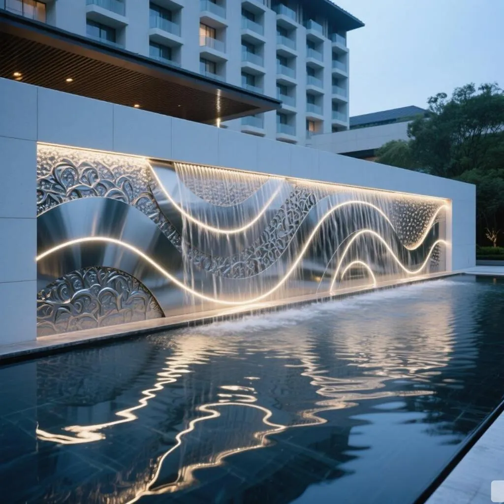 Luxury Metal Modern Wall Water Fountain for Hotel Villa DZN382 Custom metal modern wall water fountain, crafted in stainless steel, mirror polished surface, outdoor and indoor spaces-4