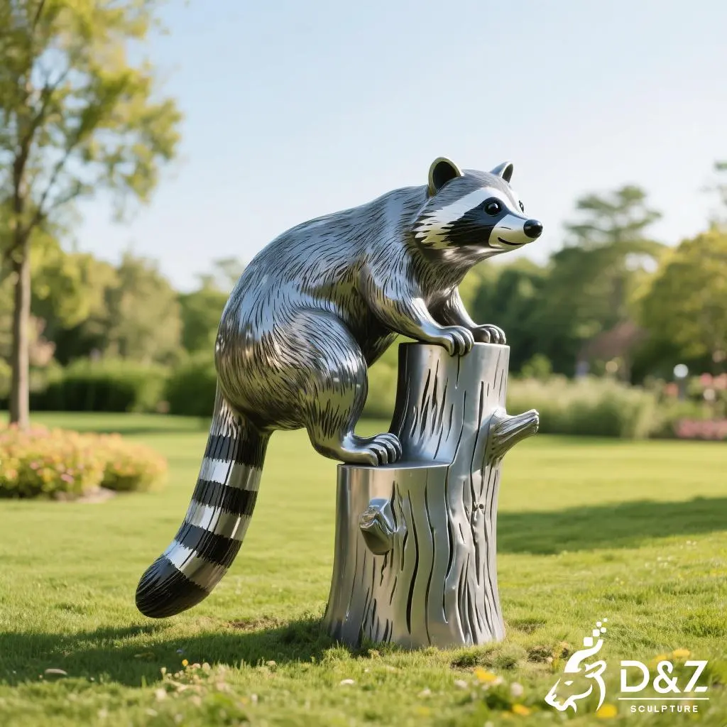 Custom metal raccoon garden statue, crafted in stainless steel, mirror polished surface, geometric and playful, outdoor and indoor spaces-2