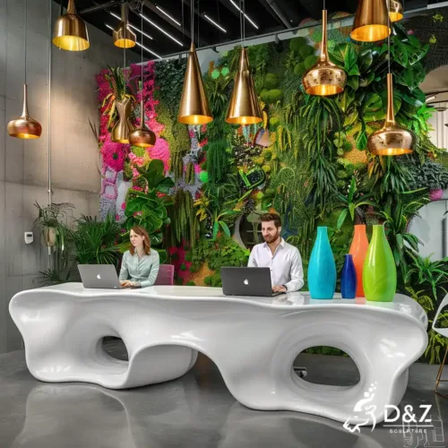 Modern White Office Reception Desk Sculpture Design DZN373 3 Custom metal office reception desk, crafted in stainless steel, mirror polished surface, outdoor and indoor spaces-4