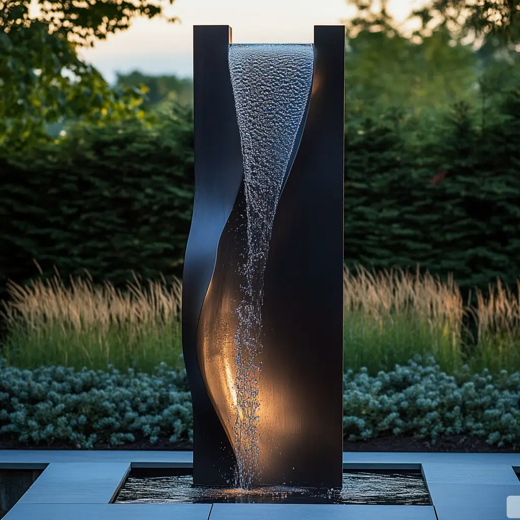 Large Abstract Tall Modern Wall Fountain Water Feature DZN380 Custom metal modern wall fountain, crafted in stainless steel, mirror polished surface, outdoor and indoor spaces-4