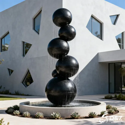 Custom metal modern sphere fountain, crafted in stainless steel, mirror polished surface, outdoor and indoor spaces-4
