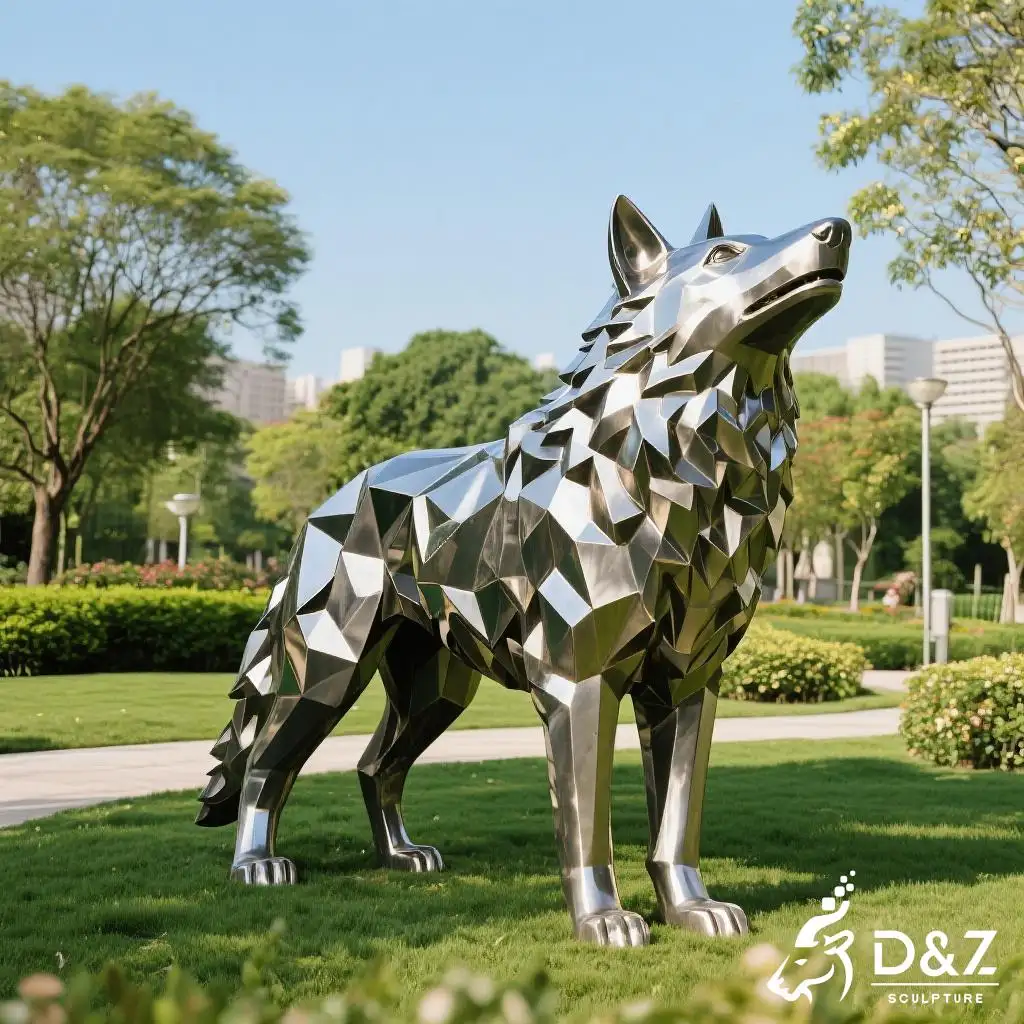 Custom metal wolf garden statue, crafted in stainless steel, mirror polished surface, geometric and playful, outdoor and indoor spaces-3