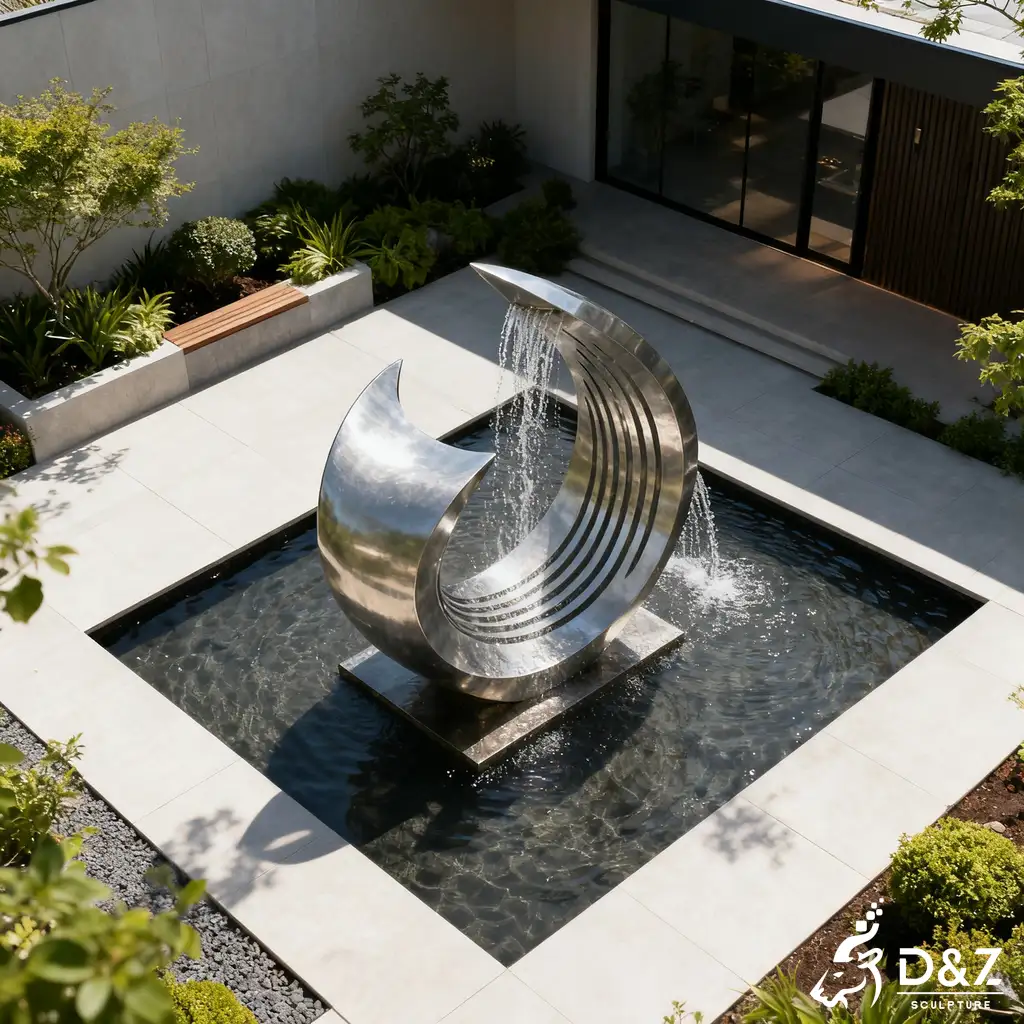 Large Metal Wave Modern House Fountain for Yard & Garden DZN378 Custom metal modern house fountain, crafted in stainless steel, mirror polished or matte surface, outdoor and indoor spaces-5