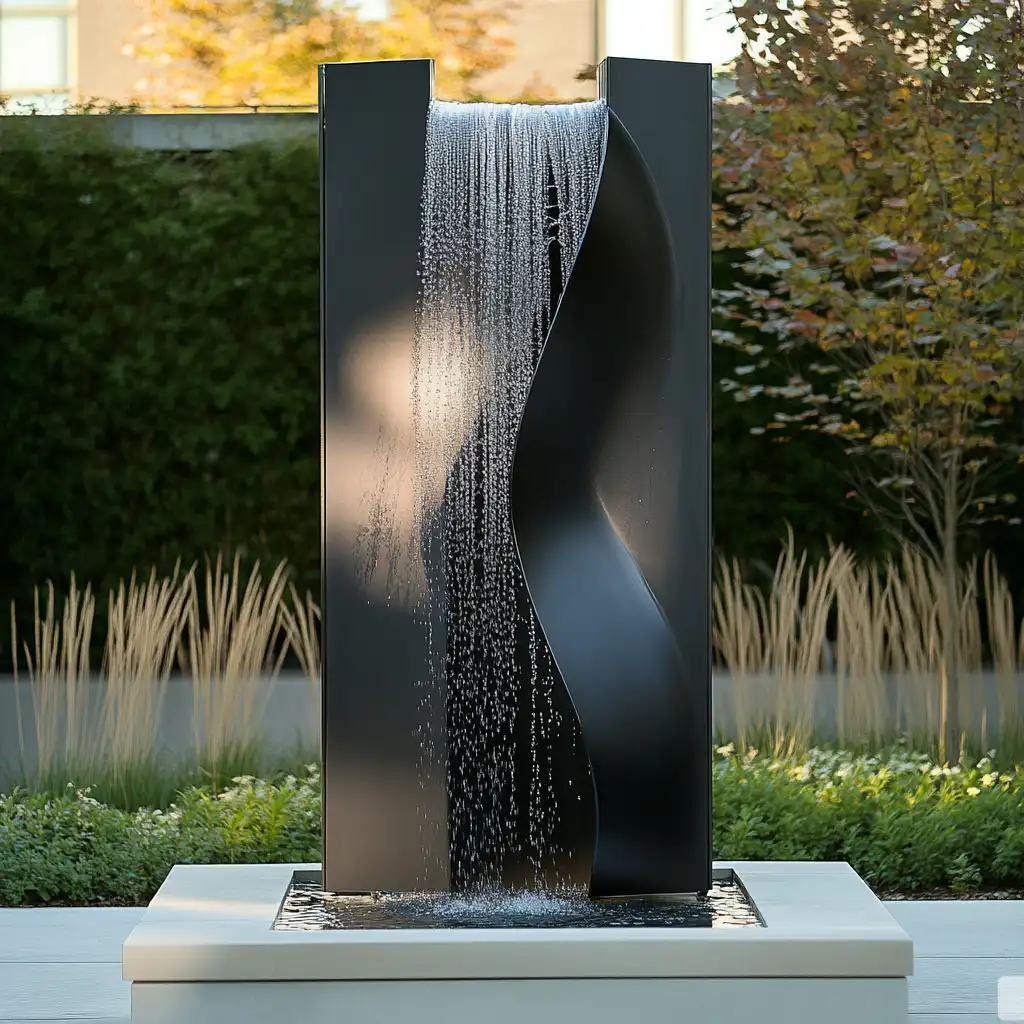 Large Abstract Tall Modern Wall Fountain Water Feature DZN380 Custom metal modern wall fountain, crafted in stainless steel, mirror polished surface, outdoor and indoor spaces-5