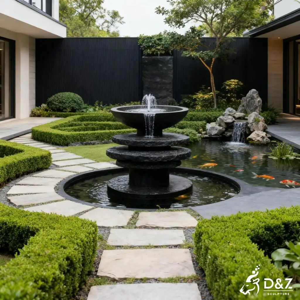 Custom Black Bowl Modern Marble Fountain for Public Spaces DZN375 Large bowl modern marble fountain, crafted in premium natural marble, timeless finish, indoor and outdoor installation-2