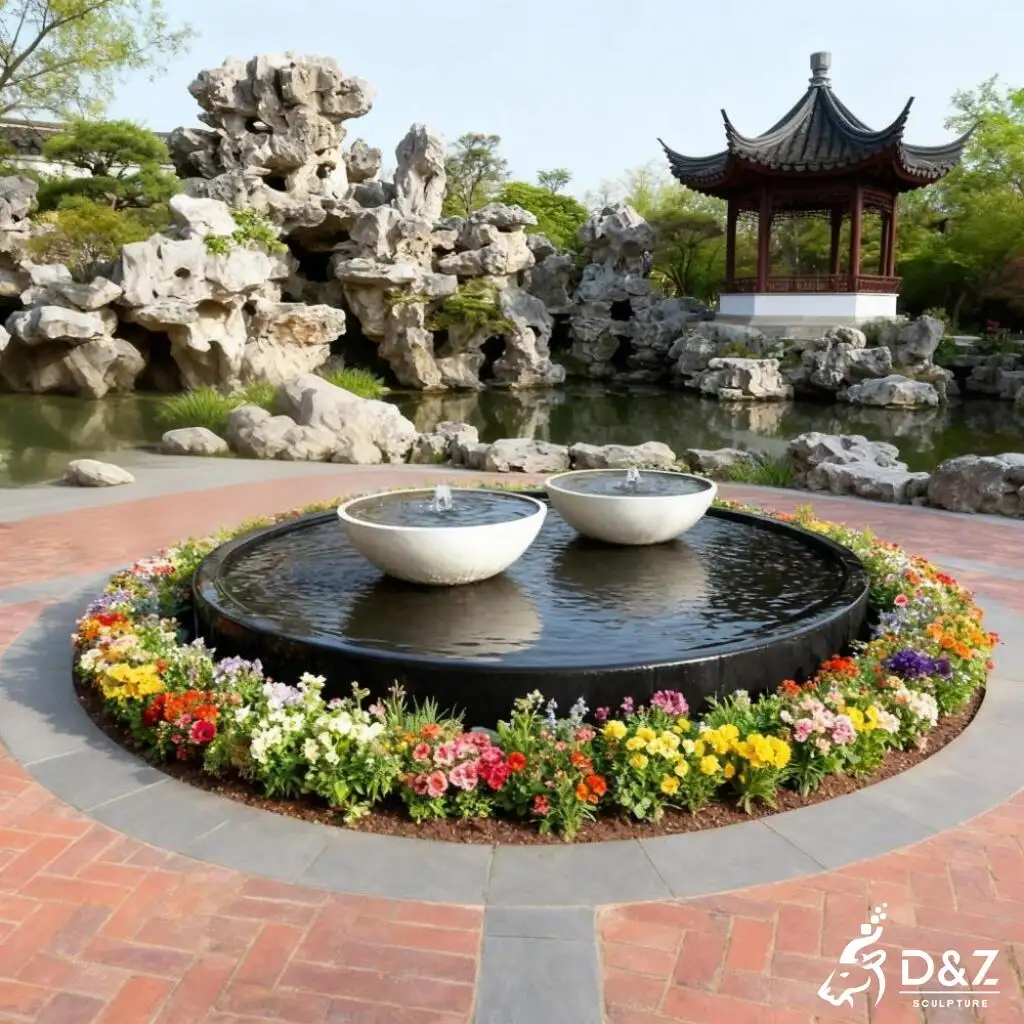Custom Black Bowl Modern Marble Fountain for Public Spaces DZN375 Large bowl modern marble fountain, crafted in premium natural marble, timeless finish, indoor and outdoor installation-3