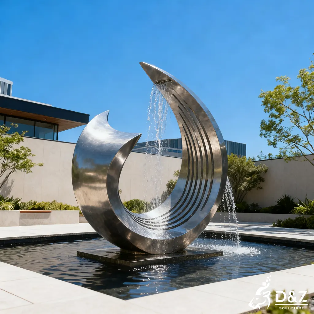 Large Metal Wave Modern House Fountain for Yard & Garden DZN378 Custom metal modern house fountain, crafted in stainless steel, mirror polished or matte surface, outdoor and indoor spaces-7