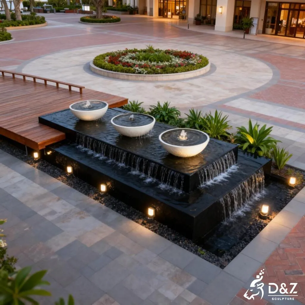Custom Black Bowl Modern Marble Fountain for Public Spaces DZN375 Large bowl modern marble fountain, crafted in premium natural marble, timeless finish, indoor and outdoor installation-6