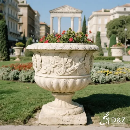 Large Roman Style Natural Stone Flower Pots Decor DZN369 7 Large stone flower pots, crafted in premium natural stone, timeless finish, indoor and outdoor installation-4