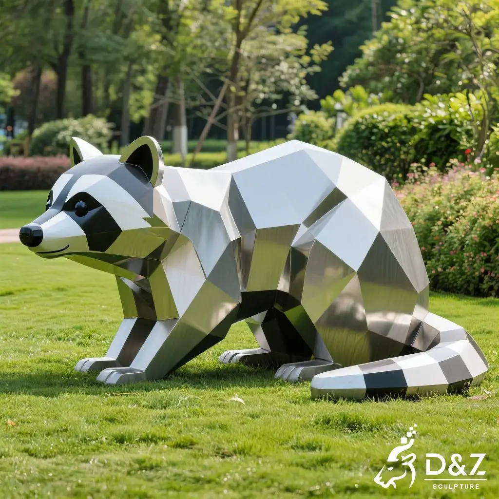 Custom metal raccoon garden statue, crafted in stainless steel, mirror polished surface, geometric and playful, outdoor and indoor spaces-4