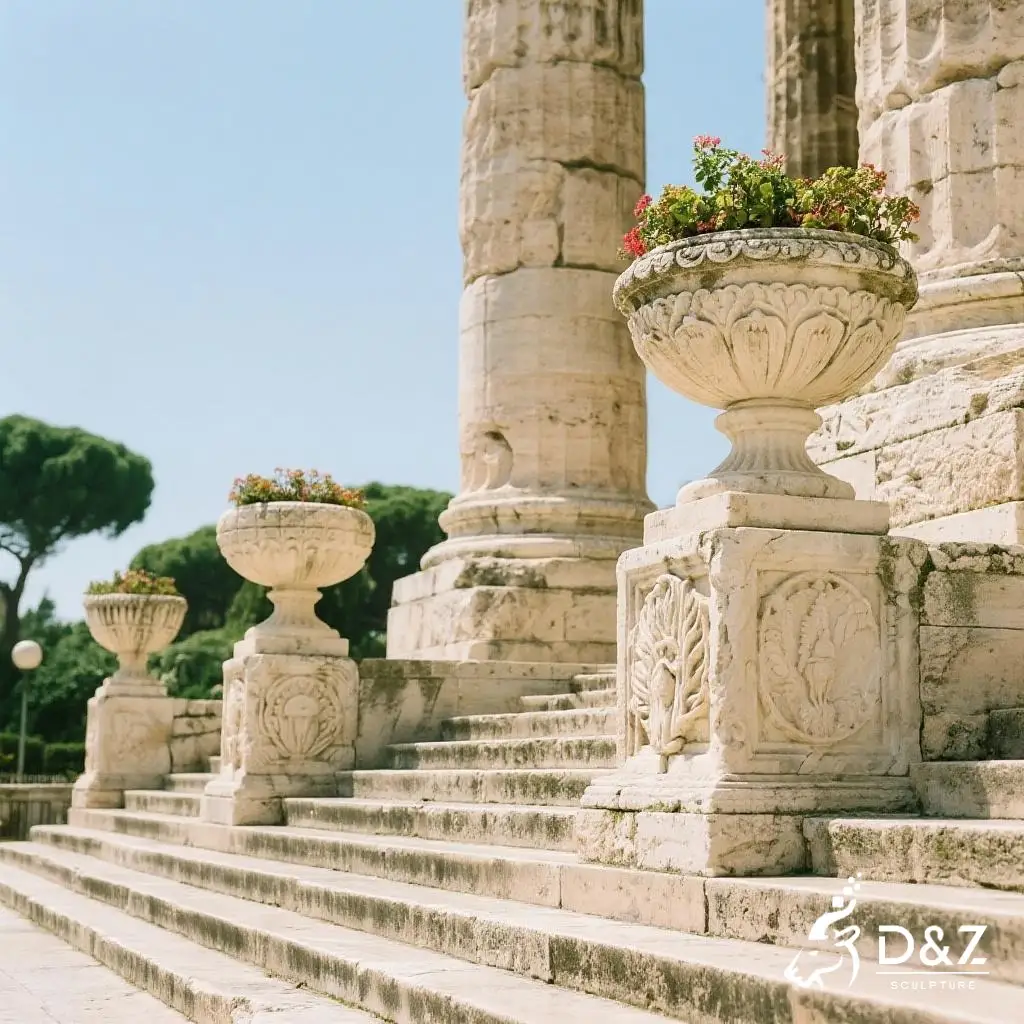 Large Roman Style Natural Stone Flower Pots Decor DZN369 Large stone flower pots, crafted in premium natural stone, timeless finish, indoor and outdoor installation-6