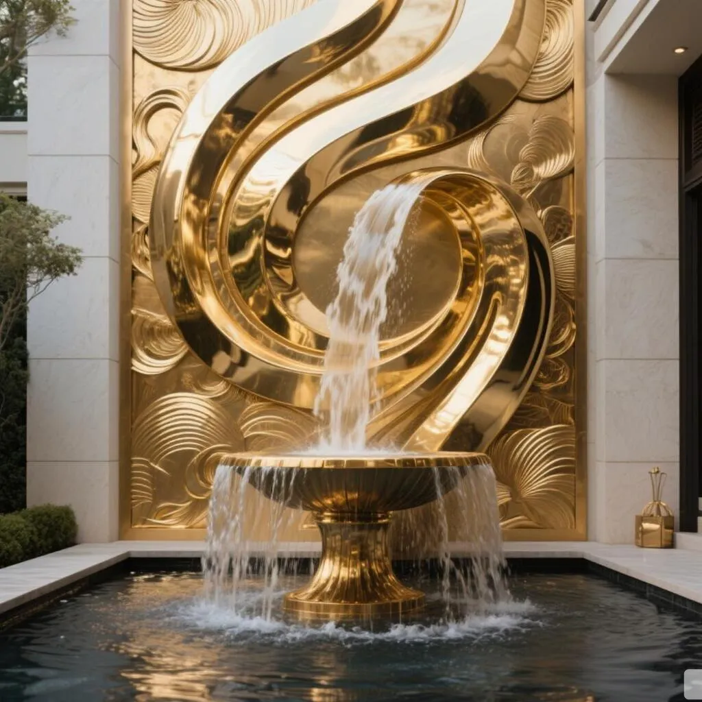 Luxury Metal Modern Wall Water Fountain for Hotel Villa DZN382 Custom metal modern wall water fountain, crafted in stainless steel, mirror polished surface, outdoor and indoor spaces-1