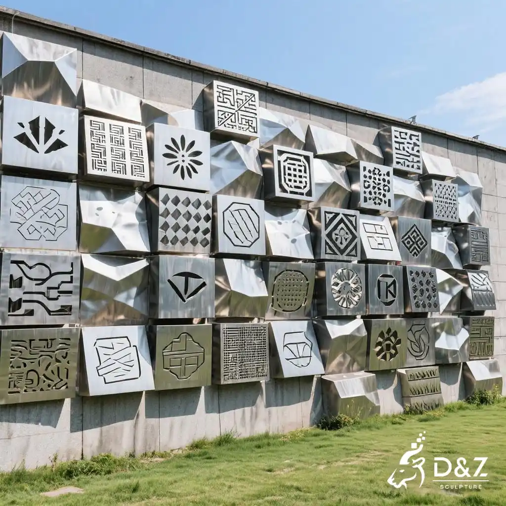 Custom metal brick wall sculpture, crafted in stainless steel, mirror polished surface, outdoor and indoor spaces-3 Custom metal brick wall sculpture, crafted in stainless steel, mirror polished surface, outdoor and indoor spaces-3