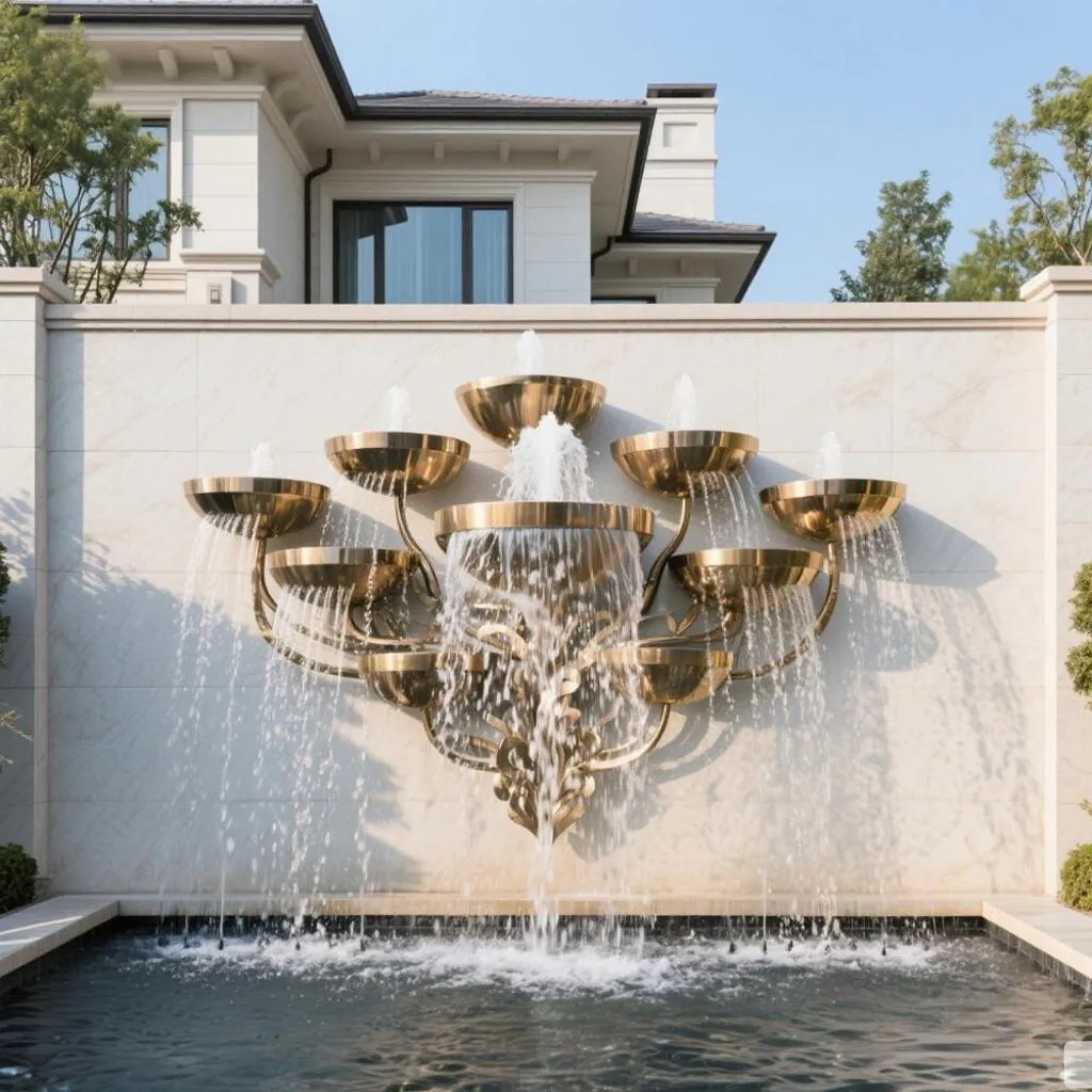 Luxury Metal Modern Wall Water Fountain for Hotel Villa DZN382 Custom metal modern wall water fountain, crafted in stainless steel, mirror polished surface, outdoor and indoor spaces-2