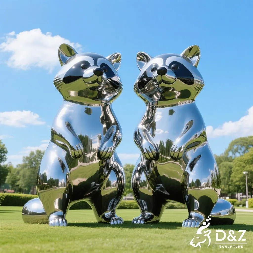Custom metal raccoon garden statue, crafted in stainless steel, mirror polished surface, geometric and playful, outdoor and indoor spaces-7