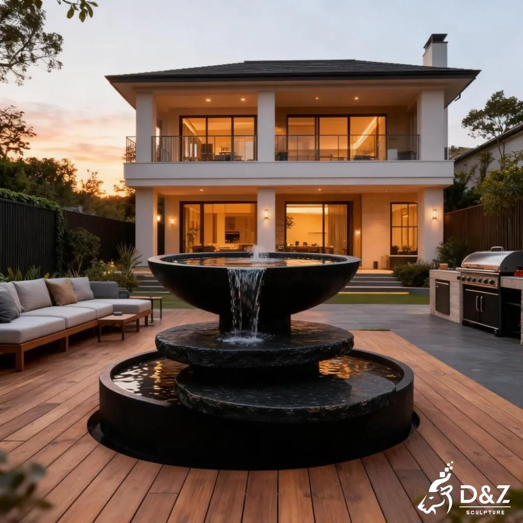 Custom Black Bowl Modern Marble Fountain for Public Spaces DZN375 Large bowl modern marble fountain, crafted in premium natural marble, timeless finish, indoor and outdoor installation-9