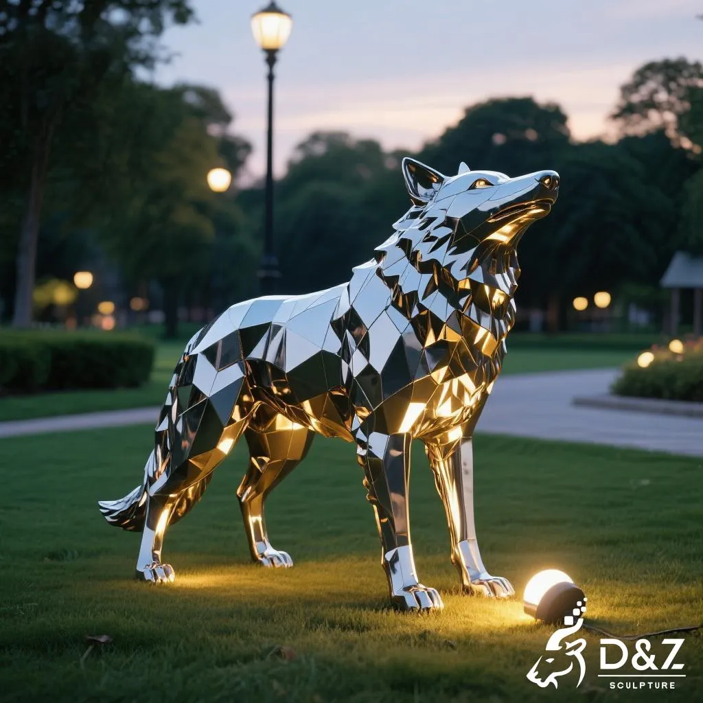 Custom metal wolf garden statue, crafted in stainless steel, mirror polished surface, geometric and playful, outdoor and indoor spaces-5