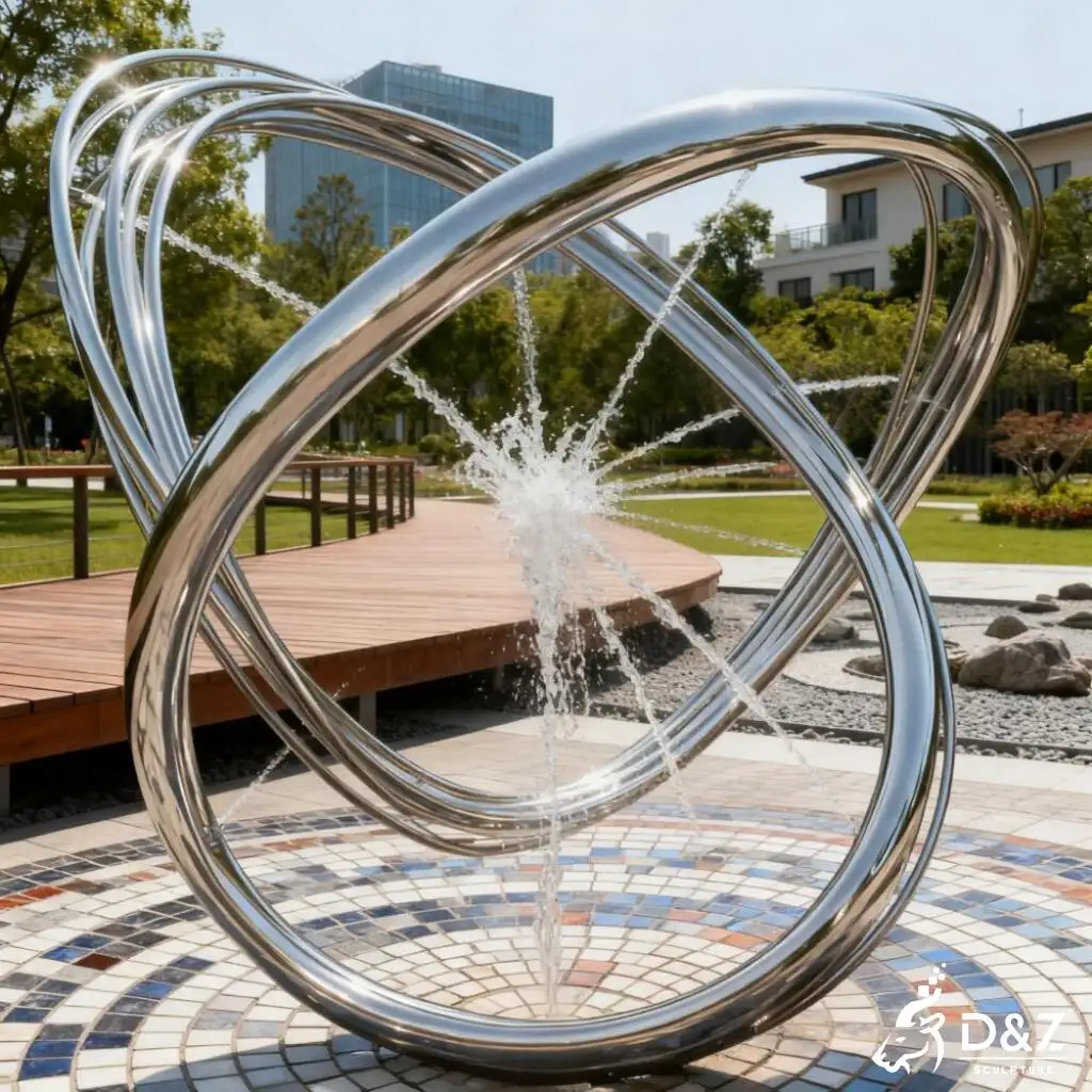 Custom abstract modern metal fountain, crafted in stainless steel, mirror polished surface, outdoor and indoor spaces-5