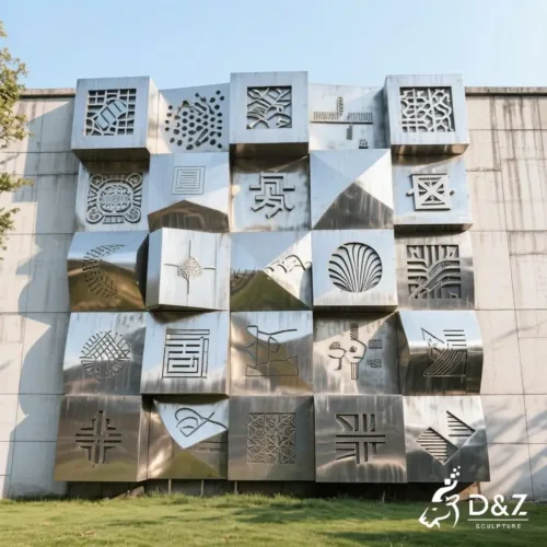 Metal Brick Wall Sculpture with Characters Patterns DZN372 4 Custom metal brick wall sculpture, crafted in stainless steel, mirror polished surface, outdoor and indoor spaces-11
