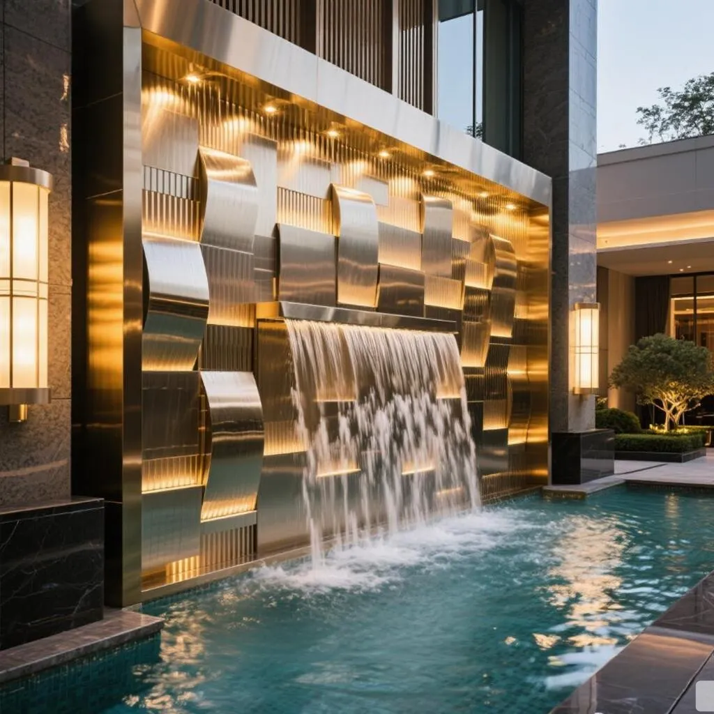 Luxury Metal Modern Wall Water Fountain for Hotel Villa DZN382 Custom metal modern wall water fountain, crafted in stainless steel, mirror polished surface, outdoor and indoor spaces-7