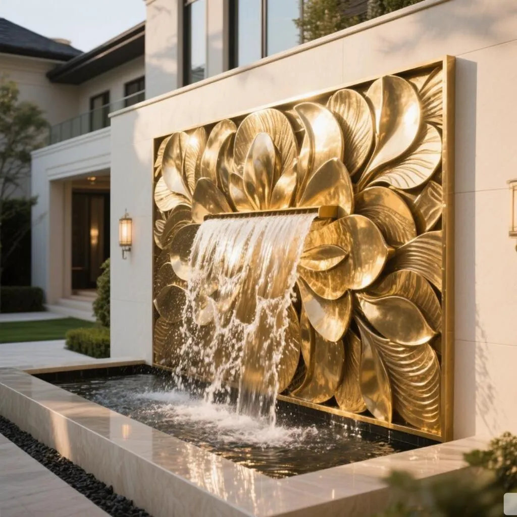 Luxury Metal Modern Wall Water Fountain for Hotel Villa DZN382 Custom metal modern wall water fountain, crafted in stainless steel, mirror polished surface, outdoor and indoor spaces-9