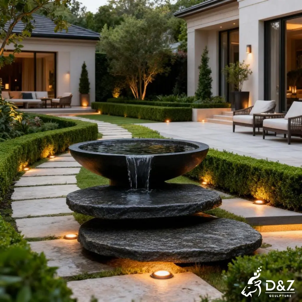 Custom Black Bowl Modern Marble Fountain for Public Spaces DZN375 Large bowl modern marble fountain, crafted in premium natural marble, timeless finish, indoor and outdoor installation-10