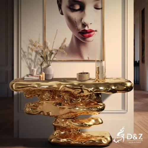 Unique Vintage Gold Metal Console Table for Sale DZN371 5 Custom gold metal console table, crafted in stainless steel, mirror polished surface, outdoor and indoor spaces-8