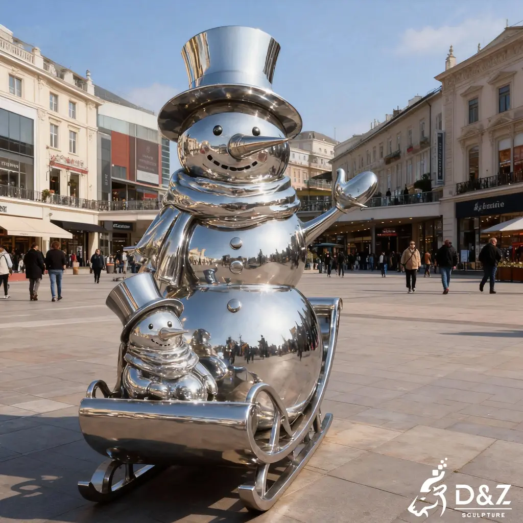 Custom Christmas metal creative snowman sculptures, crafted in stainless steel, mirror polished surface, outdoor and indoor spaces-1 Custom Christmas metal creative snowman sculptures, crafted in stainless steel, mirror polished surface, outdoor and indoor spaces-1