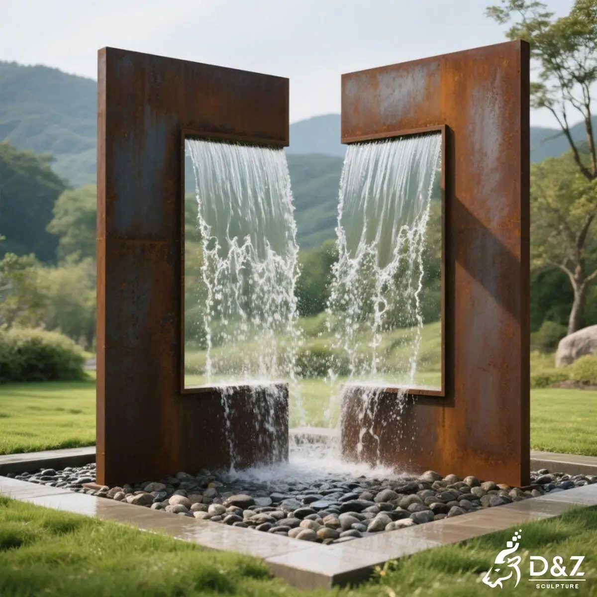 Custom modern fountain, modern rectangular fountain, corten steel sculpture, built from premium weathering steel, outdoor and indoor decoration