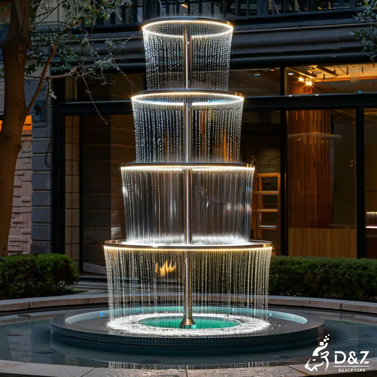 Custom modern fountain, modern tiered fountain, led 4 tier fountain, crafted in stainless steel, outdoor and indoor decoration