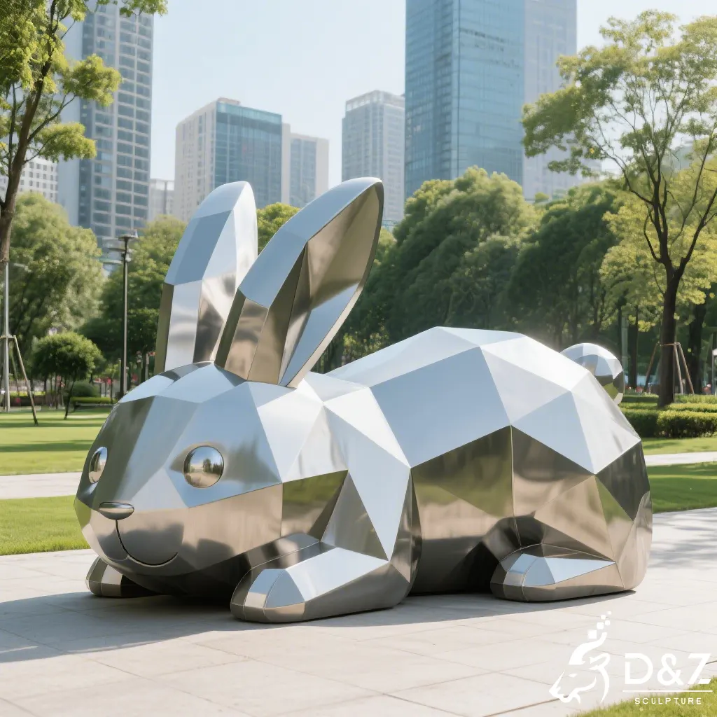 Large metal rabbit garden sculpture with mirror-polished finish in a luxury lawn. Large metal rabbit garden sculpture with mirror-polished finish in a luxury lawn.