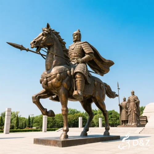Life-size ancient Chinese soldier statues on horse bronze military sculpture